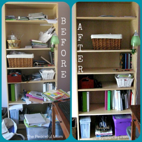 10 Minutes a Day Spring Clean and Organize - Office Shelf - The Peaceful Mom