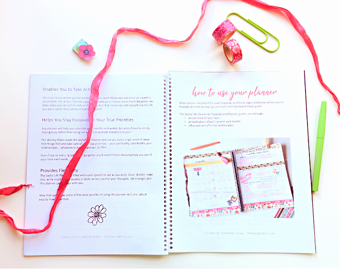 Planning Prep Workbook open desk top with ribbon -- copyright Kimberlee Stokes -- The Peaceful Mom